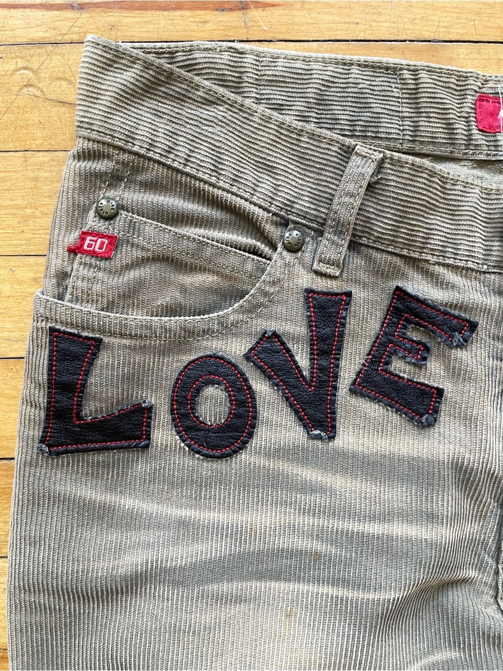 Y2K Miss Sixty Vintage Patchwork Love Flare Corduroy Jeans 26 Euro Hippy - Picture 7 of 16